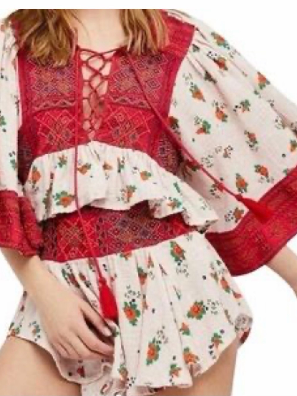 Free People Kissed by the sun Red & Cream Embroidered Lace-Up Peasant Tunic